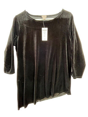 Chico’s Easywear Velour Tunic Top Size 1 Black Asymmetrical Hem 3/4 Sleeve NWT